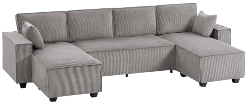 HOMCOM Ecksofa 311 cm Sofa 4 Sitzer mit Doppel-Chaiselongues Hellgrau | Kissen, Cordstoff, Gepolsterte Couch, U Form, Breiter Tiefer Sitz, Breite Armlehnen, Eckcouch, Wohnzimmer