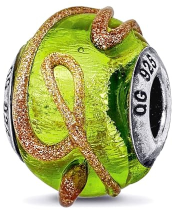 Argent sterling poli Finition antique italien les Réflexions de verre de Murano italien Vert clair avec des lignes texturées Charm perle en verre