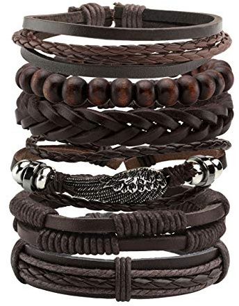 Manfnee 6PCS Braided Faux Leather Bracelet Punk Cuff Wrap Bracelets for Men Women Adjustable Brown