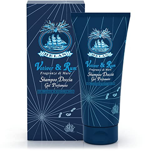 Helan, Vetiver & Rum, Shampoo e Bagnoschiuma, Docciaschiuma Gel Profumato - Bagno Schiuma Corpo e Capelli con Mandorle Dolci - Doccia Shampoo Delicato e Naturale per Uso Frequente 200 ml Made in Italy