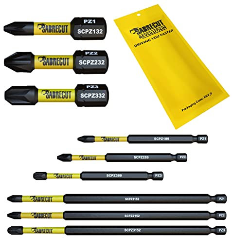 9 x SabreCut SCRK9PZ 32mm 89mm 152mm PZ1 PZ2 PZ3 Magnetic Impact Screwdriver Driver Bits Set Pozi Pozidriv Heavy Duty