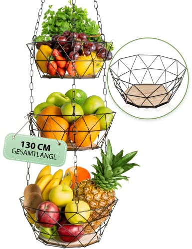 DEKOFY Obstschale modern - Exklusiver Obstkorb mit Echtholzboden und Kratzschutz für die Tischoberfläche - vielseitig einsetzbar als Dekoschale schwarz, Obstschale Holz (Hängend)