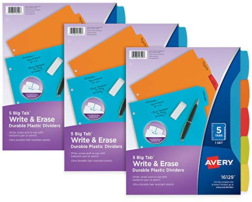 Avery Big Tab Write & Erase Durable Plastic Dividers, 5-Tab Set, Multicolor Brights, 3 Sets (21212)