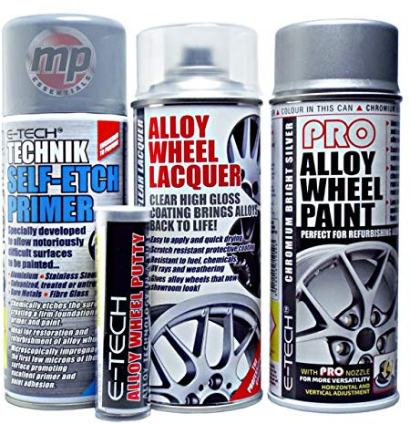 MP Essential 4 Step System Alloy Wheel Restore Refurbishment Repaint Pack | Alloy Wheel Primer, Lacquer & E-Tech Pro Paint with FREE Putty Included (Chromium Bright Silver)