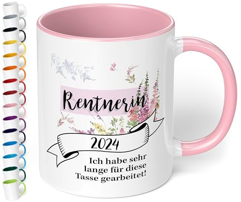 True Statements Tasse Rentnerin 2025 - Kaffeetasse mit schönem Spruch - beidseitig bedruckt - spülmaschinenfest, Rosa