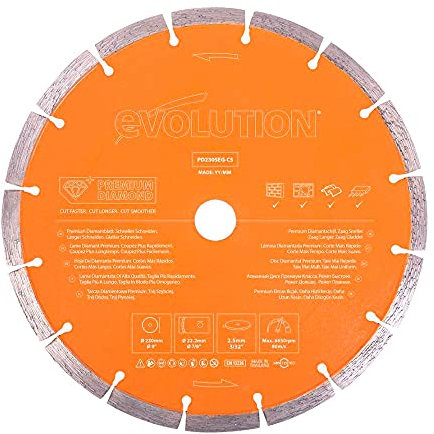 Evolution Power Tools PD230SEG-CS 230 mm Premium Multi Material Diamond Blade For Disc Cutters, Longer Blade Life - Ideal for Cutting Brick, Roof Tile, Paving, Reinforced Concrete and More