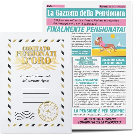 Idea Regalo Originale Pensione Donna - Giornale La Gazzetta della Pensionata - Maxi Biglietto di Auguri Pensionamento Divertente - Idee Regali Biglietti Divertenti Gadget Scherzo Pensionati Originali