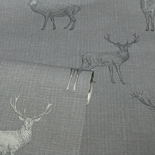 SOPHIE LAURENCE Luxury Stag Deer Motif Heritage Highland Metallic Grey Silver Wallpaper for Living Room Bedroom (Grey Silver)