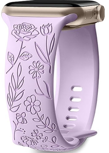 Mastten Floral Engraved Strap Compatible with Apple Watch Strap 38mm 40mm 41mm 42mm for Women, Soft Silicone Elegant Rose Floral Pattern Band for iWatch Series SE 10 9 8 7 6 5 4 3 2 1, Lavender