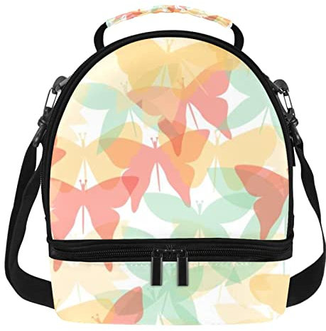 Lonchera térmica de dos pisos con diseño de mariposas de colores, impermeable, tamaño grande
