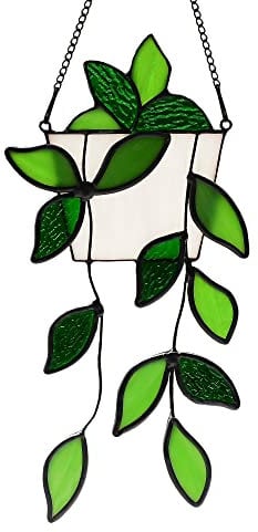 BOXCASA Grüne Pflanzen, künstliche Dekoration, handgefertigte grüne künstliche Pflanze, Buntglas-Fensterbehang, künstliche Hängepflanze für Heimdekoration, Innenfenster