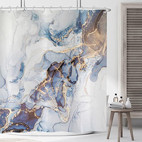 ASDCXZ Duschvorhang Marmor Blau 180x180 cm, Modern Abstrakt Blau Gold Weiß Marmor Optik Textur Waschbar Stoff Bad Duschvorhänge Polyester Textil Wasserdicht Duschvorhang für Badewanne mit 12 Hake