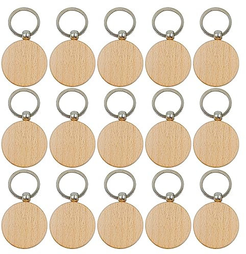TAFACE Lot de 15 porte-clés ronds vides en bois, porte-clés personnalisables, utilisés pour la sculpture DIY, la peinture, la décoration, les cadeaux, beige, 20*15*1cm