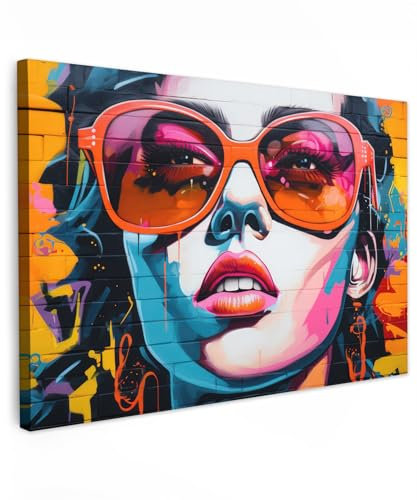 MuchoWow© Wandbilder Groß 120x80 cm XXL Wohnzimmer Wanddeko Schlafzimmer Zimmerdeko Fotowand Zimmer Deko Wand Dekoration Wall Banksy - Street Pop Art - Frau - Brille - Farben - Graffiti
