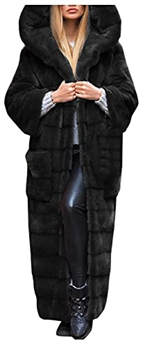 Lange Pelzmantel mit Kapuze Damen Winter Warme Kunstpelz Mantel Einfarbige Verdicken Fellmantel Kuschelig Wintermantel mit Tasche