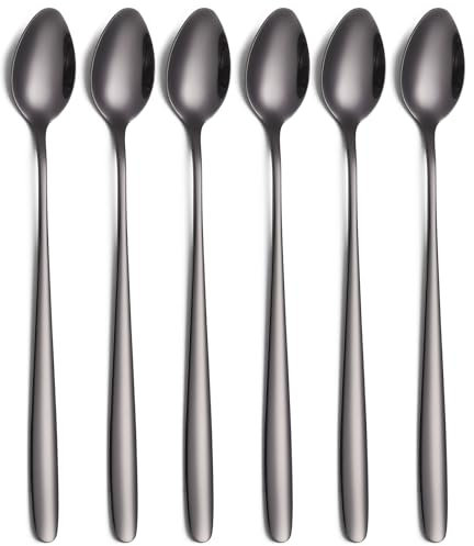 tiokin Latte Spoons Long Handle Teaspoons Set of 6 Stainless Steel 7.8Inches Tea Spoon Mixing Stirring Spoon for Coffee Espresso Iced Tea Milk Shake Ice Cream Sundeas Cool Drinking Set of 6(Black)