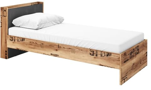 Mirjan24 Jugendbett Fargo, Kinderbett, Bett für Schlafzimmer mit Kopfteil gepolstert, Lattenrost im Set, Einzelbett (FG13: 90x200 cm, Alpenfichte/Raw Steel)