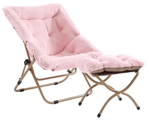 SESHINELL Bequemer Untertassenstuhl mit Ottomane, übergroßer Faltbarer Loungesessel aus Kunstfell, Lesesessel mit Metallrahmen, Moon Lazy Chair, Akzentstuhl für Schlafzimmer, Wohnzimmer, Schlafsäle