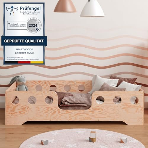 smartwood Kinder Bodenbett 120x200 cm – Kinderbett aus umweltfreundlichem Holz mit Rausfallschutz – Montessori Bett mit wählbarem Einstieg – Max. Belastung 300 kg – TILA 4