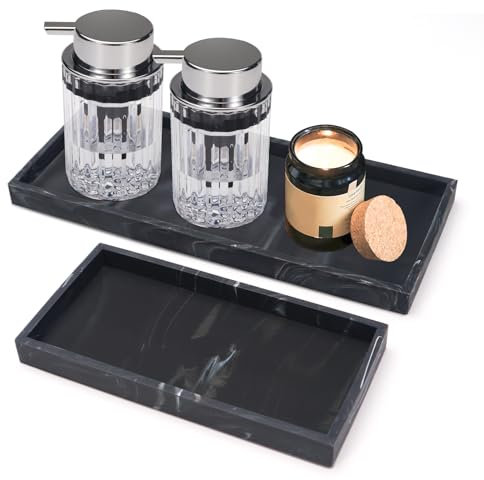 2 vassoi in silicone per bagno nero, 30 cm e 19,8 cm, in stile marmo, vassoio rettangolare per dispenser di sapone per lavello da cucina, organizer per comò e profumi