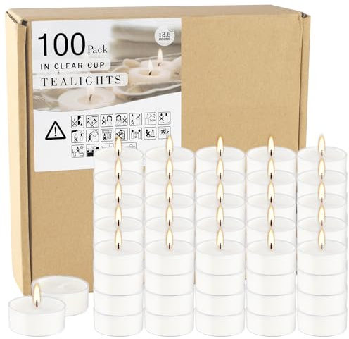Weiße Teelichter, Großpackung in transparenter Tasse, 3,5 Stunden, geruchlos, rauchfreie Votivkerzen für Hochzeit, Partys, Geburtstage, Valentinstag, 100 Stück