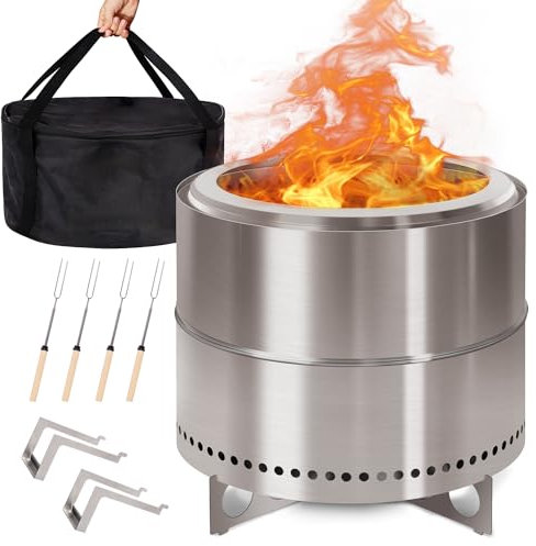 GreenVines Rauchlose Feuerstelle | 48,3 cm | Edelstahl-Feuerstelle | Tragbare Outdoor-Gruben mit Ständer für Camping | Solo-Holzfeuer | Raucharmer Ofen | Tasche & Sticks & Halter