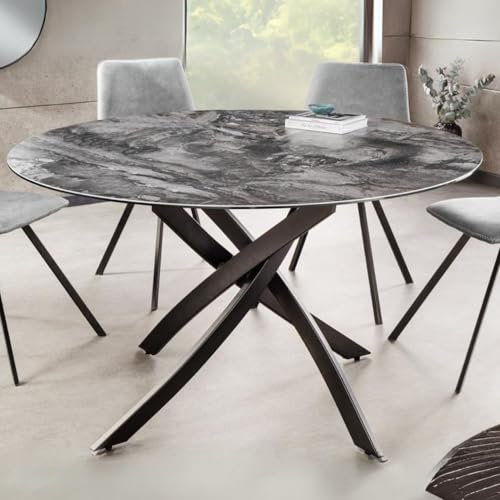 LEBENSwohnART Design Esstisch Amica 120cm Taupe Marmor-Optik Keramik schwarzes Metall-Gestell Retro