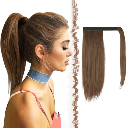 FESHFEN Pferdeschwanz Extensions Glatt Lang Pferdeschwanz Verlängerung Haarteil Zopf Clip in Ponytail Extension Synthetik Haare Extensions Haarverlängerung für Damen, 35 cm Braun & Hellbraun Gemischt