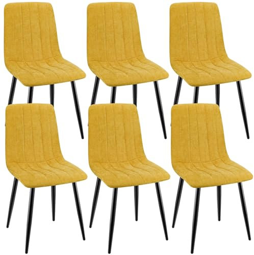 ANVOFONG Esszimmerstühle 6er Set,Küchenstuhl aus Leinenstoff,Polsterstühle mit Eisenfüßen,Stuhl Schlafzimmer,schminkstuhl,Wohnzimmer Stühle-Gelb