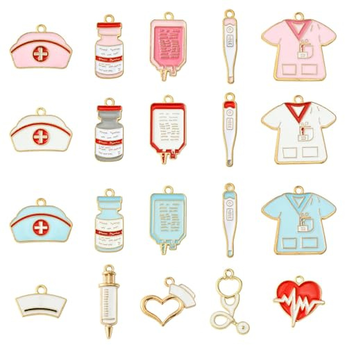 Stiesy 40Stk 20 Stile Medizinisches Thema Emaille-Charms Krankenschwester-Kappe Stethoskop Herzschlag-Anhänger Charm Metall Cosplay Armband-Charms für Schmuckherstellung Basteln DIY Halskette Ohrringe
