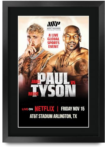 HWC Trading Jake Paul vs Mike Tyson 2024 Geschenke Gedruckter Signierter Autogramm Poster für Fans von Boxsport Memorabilien - A3 Gerahmt