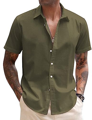 COOFANDY Linen Shirts Mens Short Sleeved Summer Shirts Casual Holiday Shirts for Men Beach Tops Olive Green L