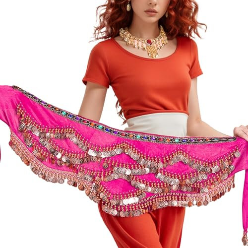 Bauchtanz Hüfttuch Damen mit Münzen Gürtel Röcke für Karneval Party Bauchtanz Kostüm ﻿ (DE/NL/SE/PL, Alphanumerisch, Einheitsgröße, Regular, Regular, Rose)