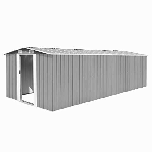 IKAYAA Cobertizo de Jardín Exterior 257 x 580 x 181 cm Caseta de Jardín Metálica con 2 Puertas Corredizas y 4 Ventanas para Almacenamiento de Herramientas Gris