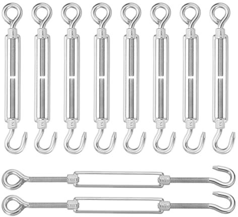 sourcing map M8 Hook and Eye Turnbuckles for Cable Wire Rope Tension, 304 Stainless Steel Turnbuckle Adjustable for Shade Sail String Light Hanging Pack of 10