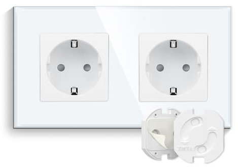 CNBINGO Double prise encastrée en verre blanc - Protection de prise de courant avec mécanisme rotatif - Prise Schuko double - Contact de protection - Prise murale avec cadre en verre