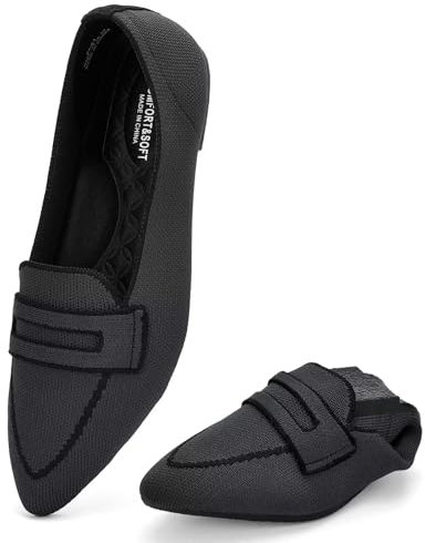 Puxowe Damen Ballerinas Slip On Spitz Strick Kleid Flache Schuhe Pumps Elegant Bequem Ballerina Flats für Damen 37 EU Black