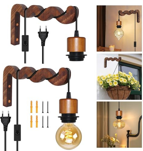 E27 Retro Wandbeleuchtung, 2 Stück Schwarze Wandleuchten Innen mit 5M Stecker und Schalter, Industrie Wandlampe mit 20X12 cm Holz Wandhalter,Rustikale Wandleuchten für Schlafzimmer, Keine Glühbirne