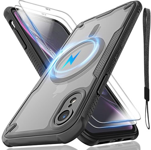 for iPhone XR Case, Translucent Matte Back Compatible with Magsafe Magnetic Slim Shockproof Protective Case with Lanyard Strap and 2*9H Tempered Glass Screen Protector Phone Cover 6.1-inch-Black