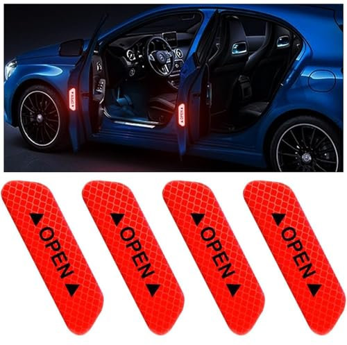 4 PCS Car Door Open Warning Reflective Stickers | Night Visibility Auto Safety Prompt Decals | Anti-Collision Protective Strip for Truck, SUV, Van (Red) Red Car Accessories