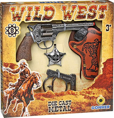 Wild West Spielset 4-TLG. - 8-Schuss Revolver, Holster, Sheriffstern & Handschellen - Cowboy Set - Metall & Kunstleder - Rollenspielzeug für Kinder - Spielzeug - Kinder - Rollenspiel