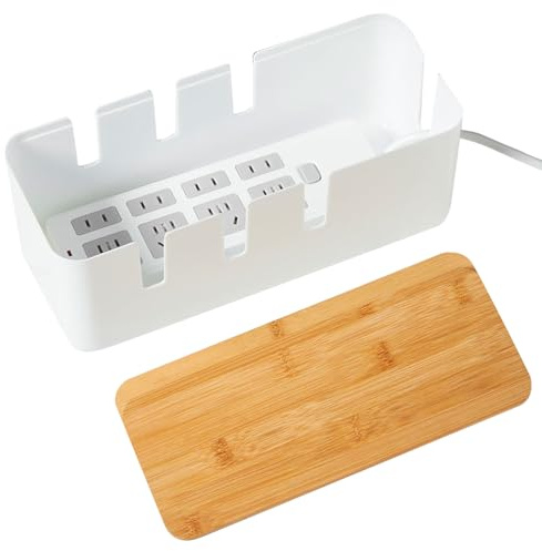 Cable Management Box, Cable Storage Box with Wooden Lid Case, Cable Box TV Power Strip for Probe Protection