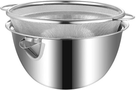 YWJLQH 2 Piezas Colador de Cocina Y Escurridor de Pasta Juego de Lavador de Arroz Y Recipiente para Ensaladas de Acero Inoxidable con Diseño de Anidación Ad