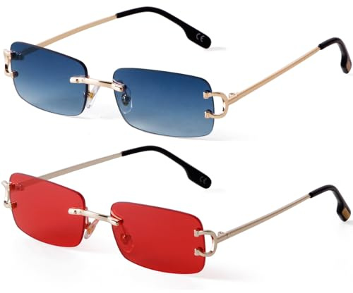 Laurinny Vintage randlose Sonnenbrille Retro Rechteck Sonnenbrille für Männer Frauen Trendy Sonnenbrille Schatten 90er Jahre Brillen, 2er-Pack (Farbverlauf blau + rot)