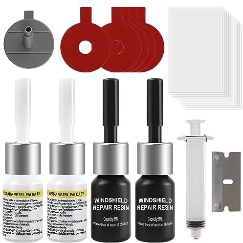 Windschutzscheibe Reparaturset, Verbesserter Glas Reparatur Flüssigkeit mit, 4er-Pack Glas Reparatur Set zur Reparatur von Kratzern, Löchern, Spinnennetzen, Rissen und Sternförmigen Rissen(Schwarz)