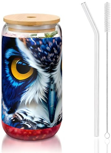 DUWAA Blaue Eule Trinkgläser mit Deckel und Glasstrohhalm, 473 ml, Dosenform, Biergläser