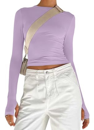 Women's Basic Long Sleeve Slim Fit Crop T Shirt Top Y2K Tops TikTok Crop Top Club Party E-Girls Streetwear(Light Purple-b,XS)
