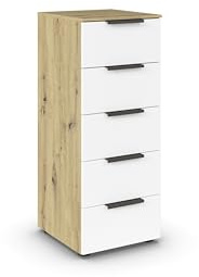 Rauch Möbel Flipp, Kommode, Farbe Weiß/Eiche Artisan, Breite 40 cm | Sideboard, 5 Schubladen, Soft-Close-Funktion, für Schlafzimmer, Gästezimmer, Wohnzimmer, Garderobe, Flur