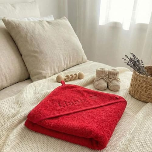Linnie's Rotes Kapuzenhandtuch Baby, personalisierbar mit Name, 100% Baumwoll-Frottee, Oeko-Tex, 75x75 cm, Hebammen-TIPP für die Wassergeburt, Geschenk zur Geburt