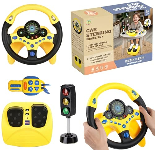 Foreverup Jouets De Volant pour Enfant, Contrôleur de Conduite Portable Simulé, Simulateur de Conduite Voiture 360°de Rotation pour Enfants avec Lumière, Fonction Sonore et Musicale